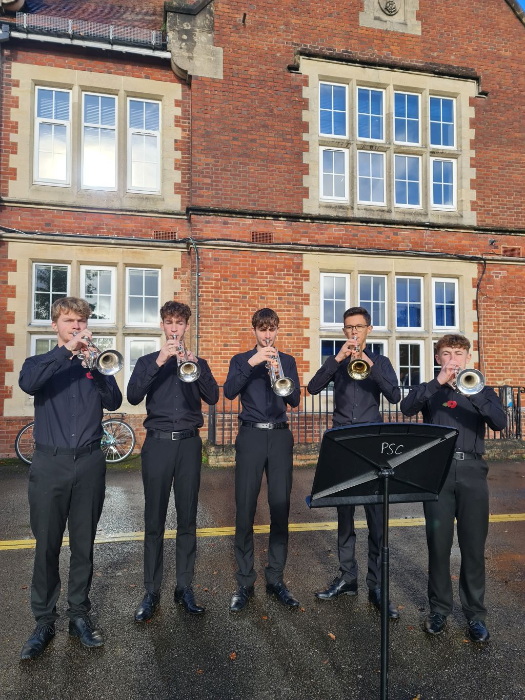 Symonds trumpeters Felix Thomson, Ptolemy Grevitt, Simon Lloyd, Daniel Tickle and Jacob Gibbs outside Northbrook Building. Symonds trumpeters Felix Thomson, Ptolemy Grevitt, Simon Lloyd, Daniel Tickle and Jacob Gibbs outside Northbrook Building.